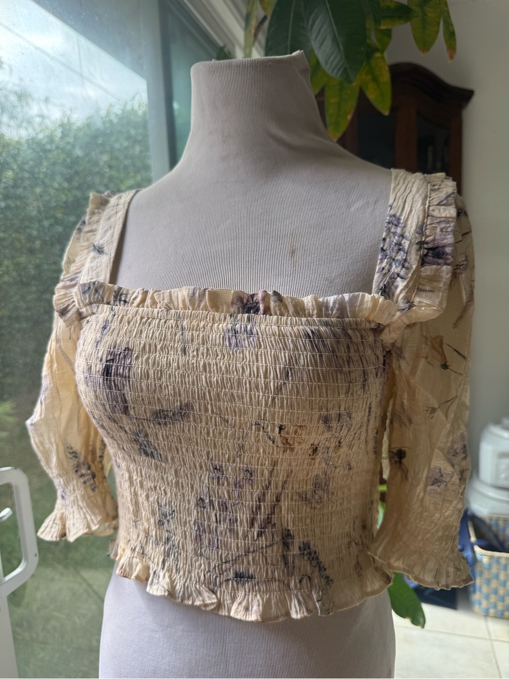 H&M Cream Floral Smocked Square-Neck Crop Top